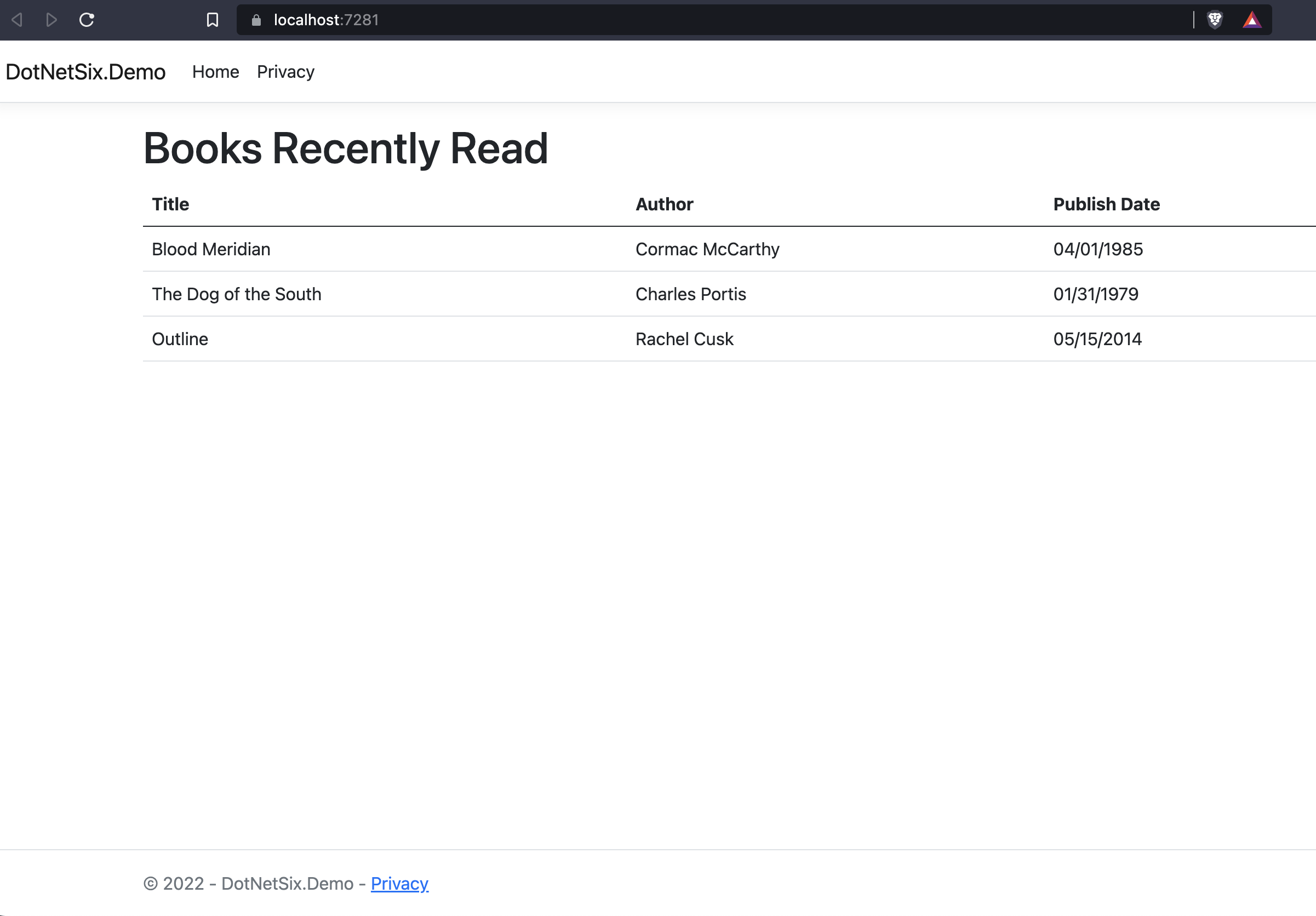 Demo page in the web browser. A new window in Brave is pointing to https://localhost:7281/ and displays a top-level navigation with our app name (DotNetsix.Demo) and Home and Privacy links. Below the navigation is a simple table displaying the book data that is saved in Postgres.