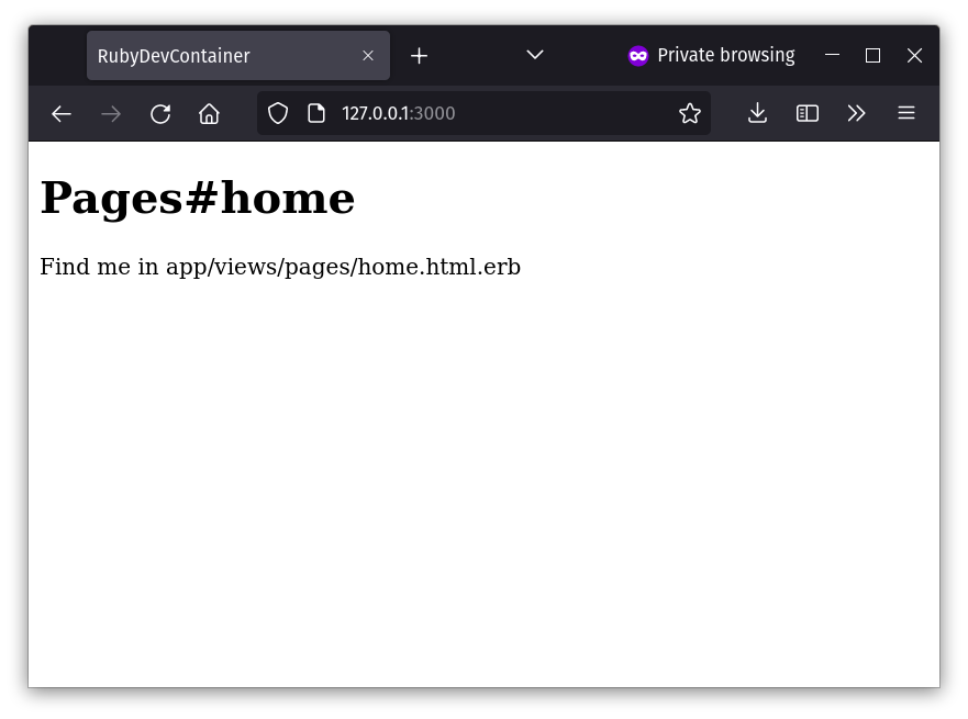 A browser navigated to http://127.0.0.1:3000/. On the page, a header reads “Pages#home”, with a sentence below reading “Find me in app/views/pages/home.html.erb”.