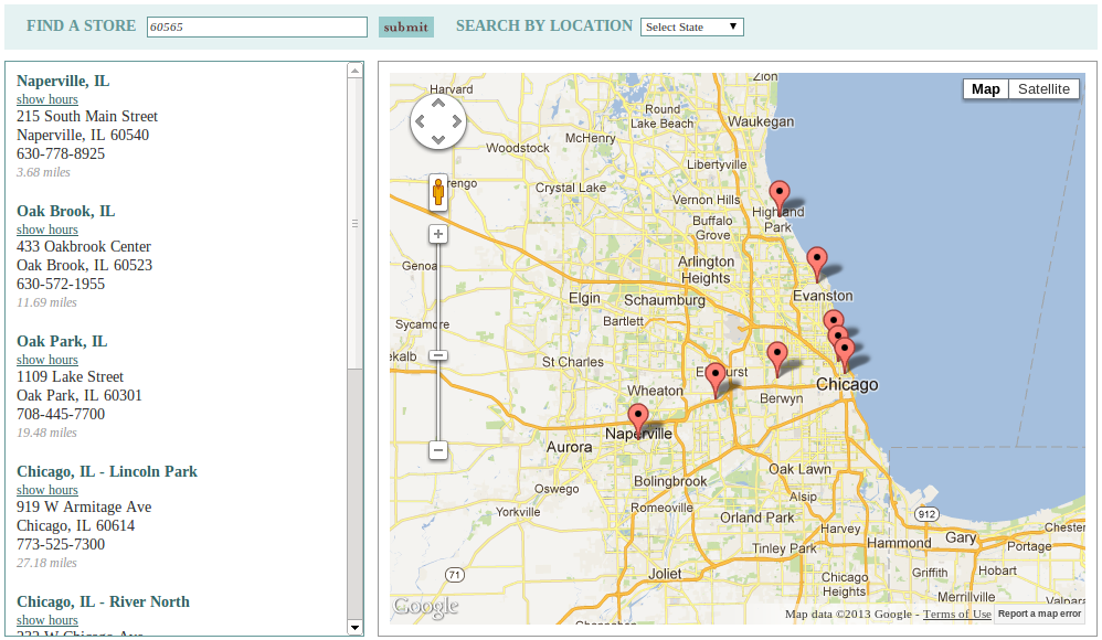 Search interface: search results are listed on the left, and map with markers is shown on the right