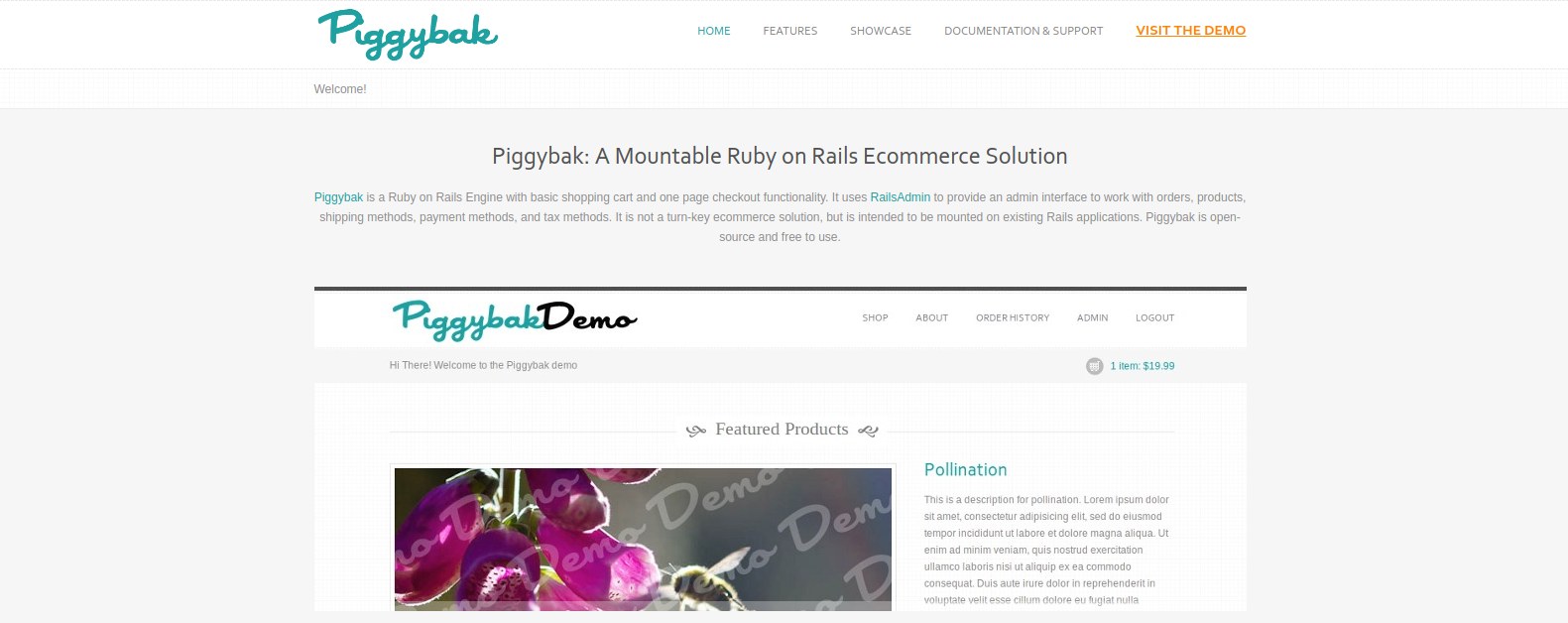 Screenshot of website for Piggybak: Open Source Ruby on Rails Ecommerce