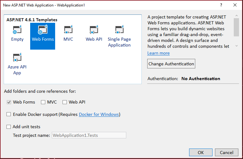 Create New ASP.NET Web Application dialog