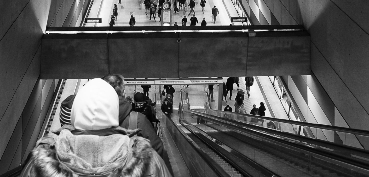 Móricz Zsigmond körtér Underground Station (people, escalators)