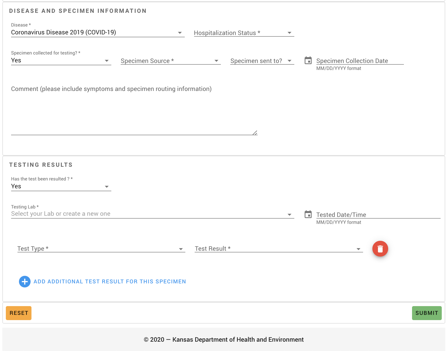 Forms collecting information about disease, speciment, and testing results