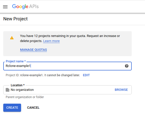 The Google APIs new project creation window