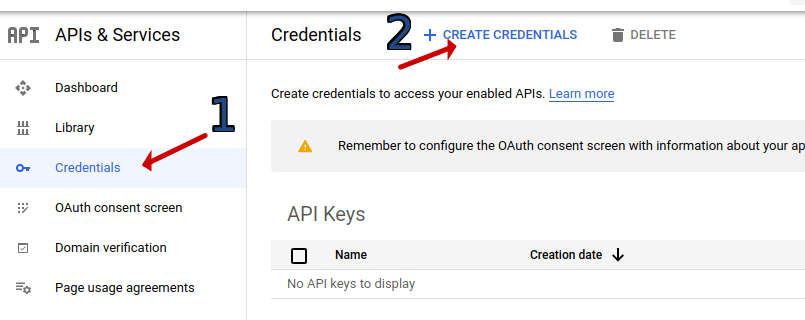 The dashboard, showing how to navigate to the correct ‘Create Credentials’ screen