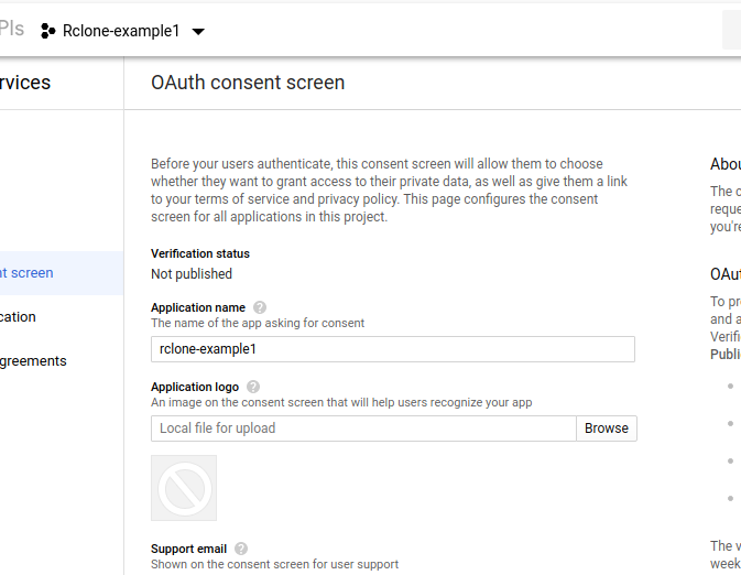 Filling in OAuth consent screen details.