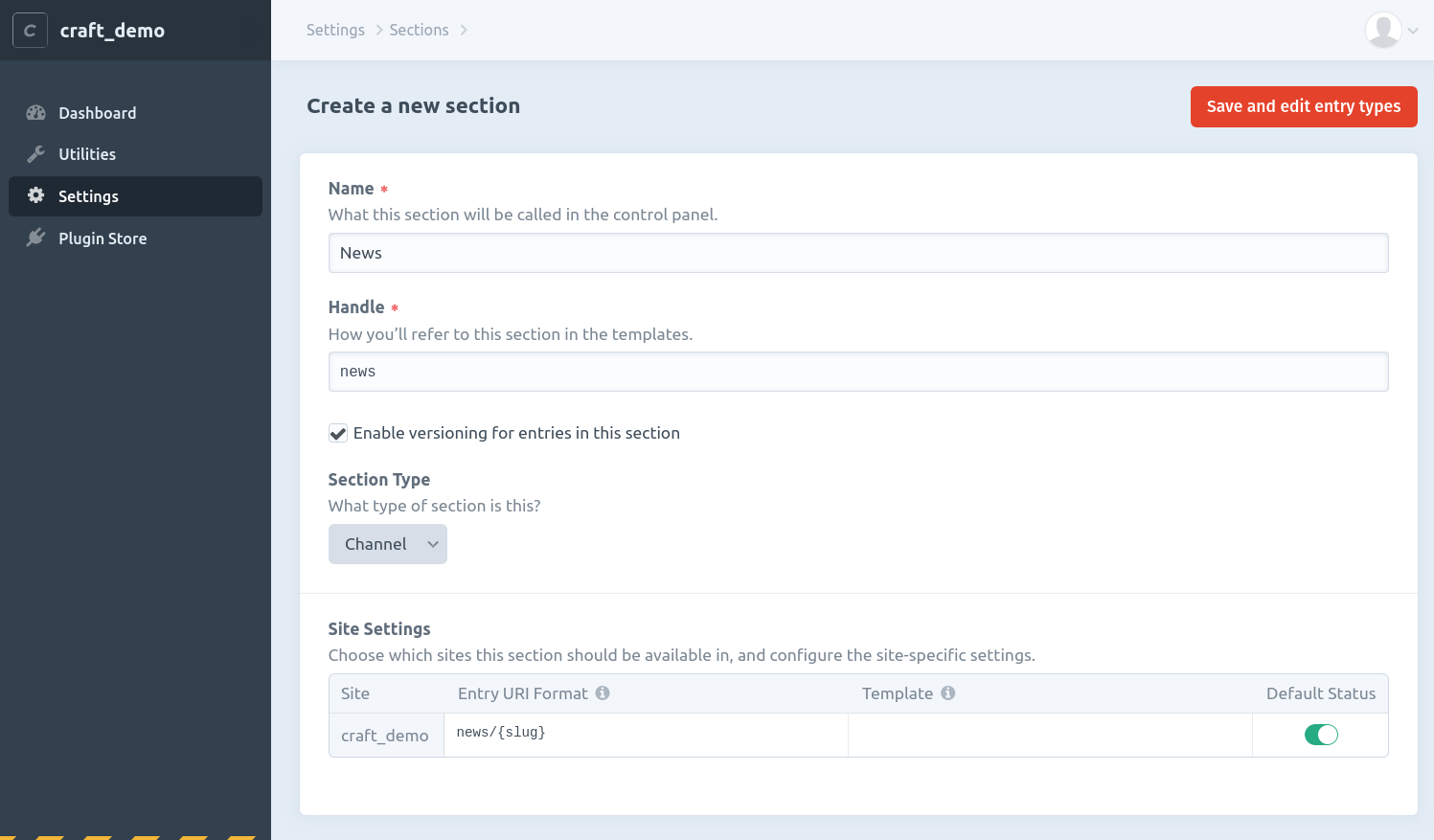 Screenshot of Create a new section