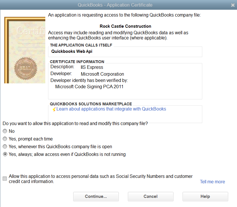 Verifying the application with QuickBooks