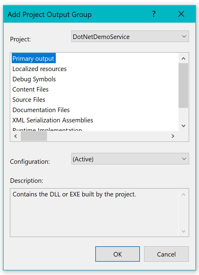 Add Project Output Dialog screenshot