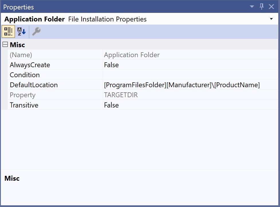 Application Folder Properties screenshot: AlwaysCreate, Condition, DefaultLocation, Property, Transitive