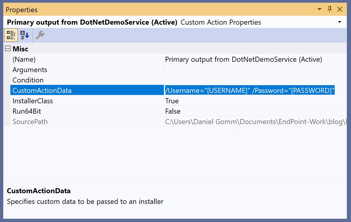 CustomActionData Definining CLI Arguments screenshot
