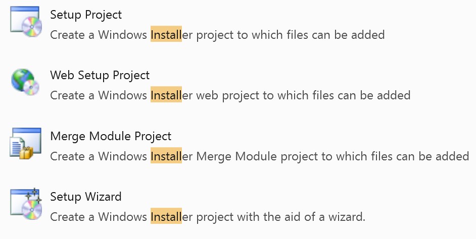 Setup Project Templates screenshot: Setup Project, Web Setup Projet, Merge Module Project, Setup Wizard