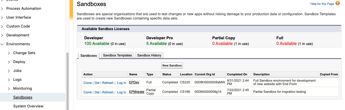 Salesforce sandboxes