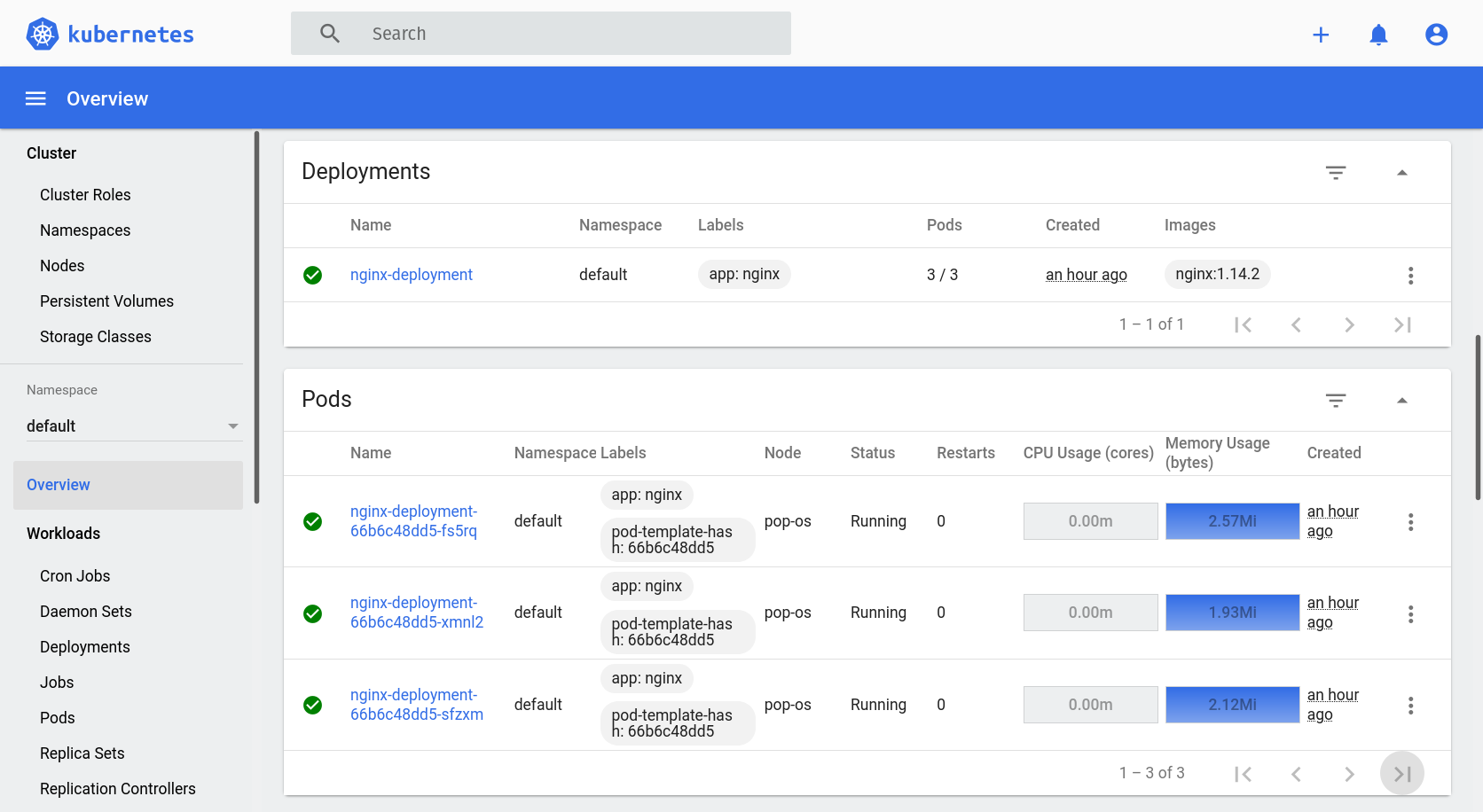 Dashboard home: deployments and pods