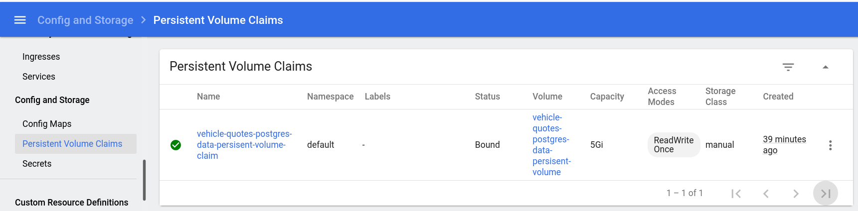 Dashboard persistent volume claim