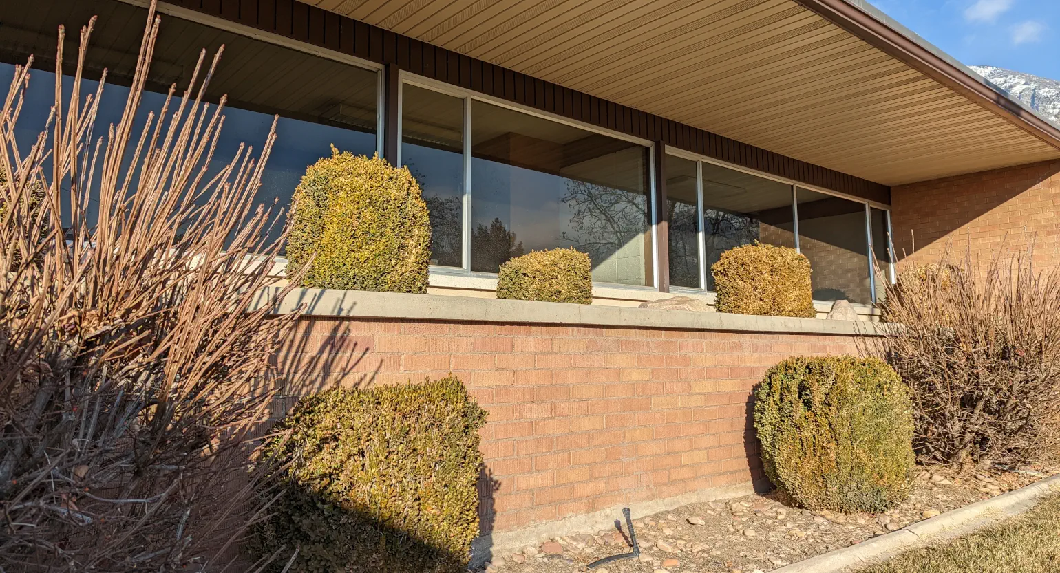 Side of brick building with windows and protruding roof, tiered shrubs in foreground, with a small corner of blue sky, clouds, and snowy mountaintop