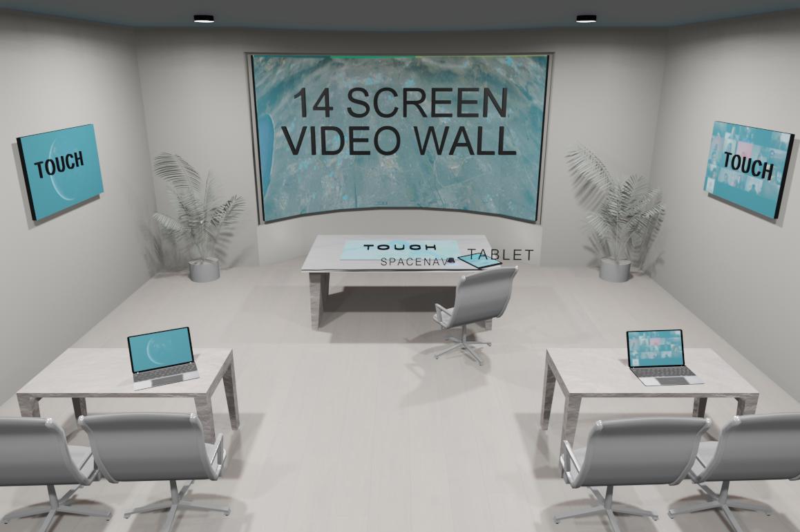 A VisionPort immersive space, with a 14-screen video wall, three large touch screens, a tablet, and two laptops