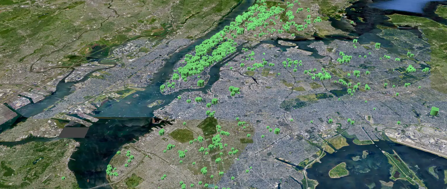 Aerial 3D map of New York City showing many buildings highlighted in fluorescent green