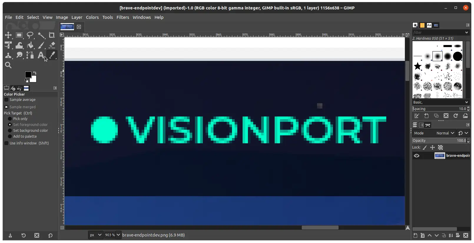 Screenshot of GIMP image editor zoom tool selected on a screenshot of a tiny part of the endpointdev.com website with a VisionPort link