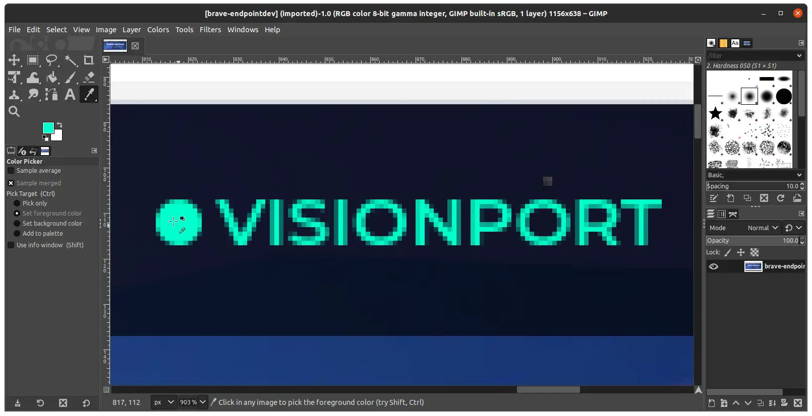 Screenshot of GIMP image editor color picker tool selected on a screenshot of a tiny part of the endpointdev.com website with a VisionPort link