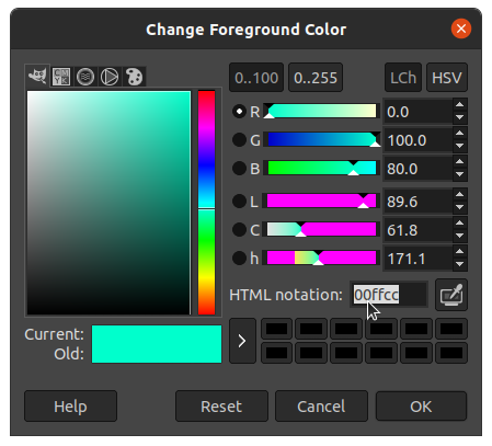 Screenshot of GIMP image editor “Change Foreground Color” dialog box