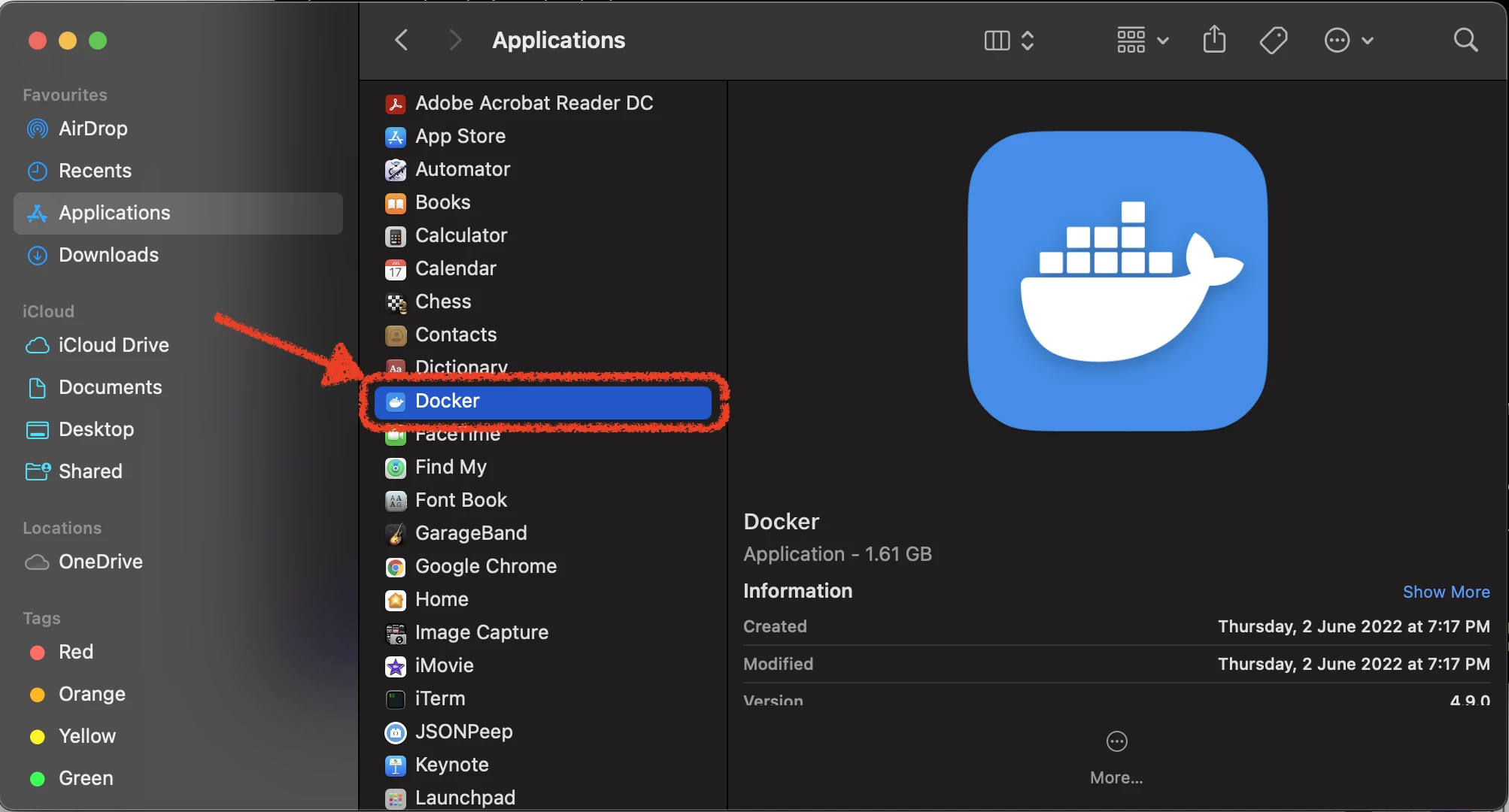 Docker in the Finder list of Applications