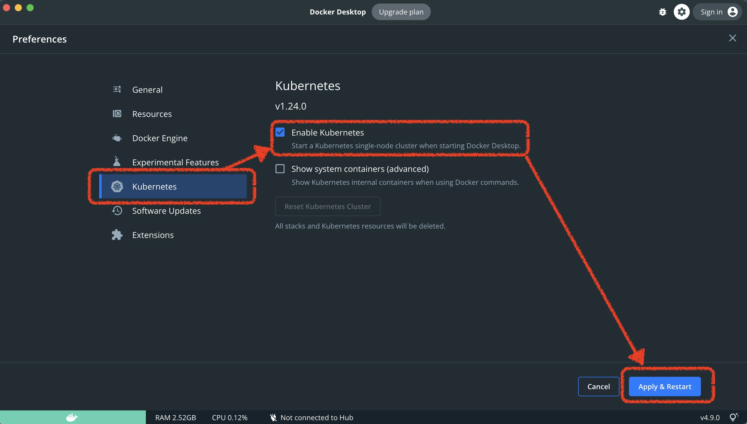 Kubernetes enable button in Docker Desktop preferences