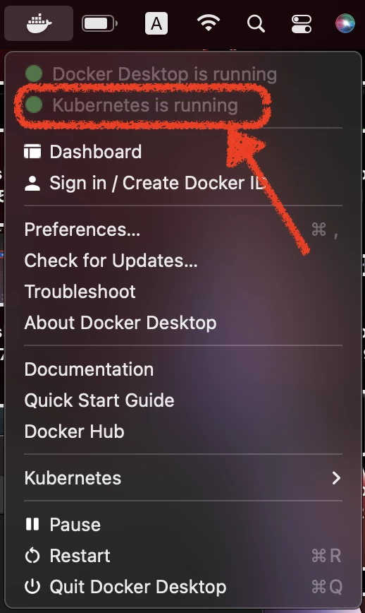 Docker icon menu, now showing that Kubernetes is running