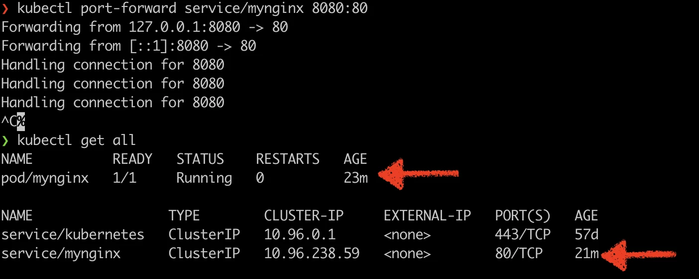 kubectl with mynginx pod’s age and service highlighted as 21 minutes