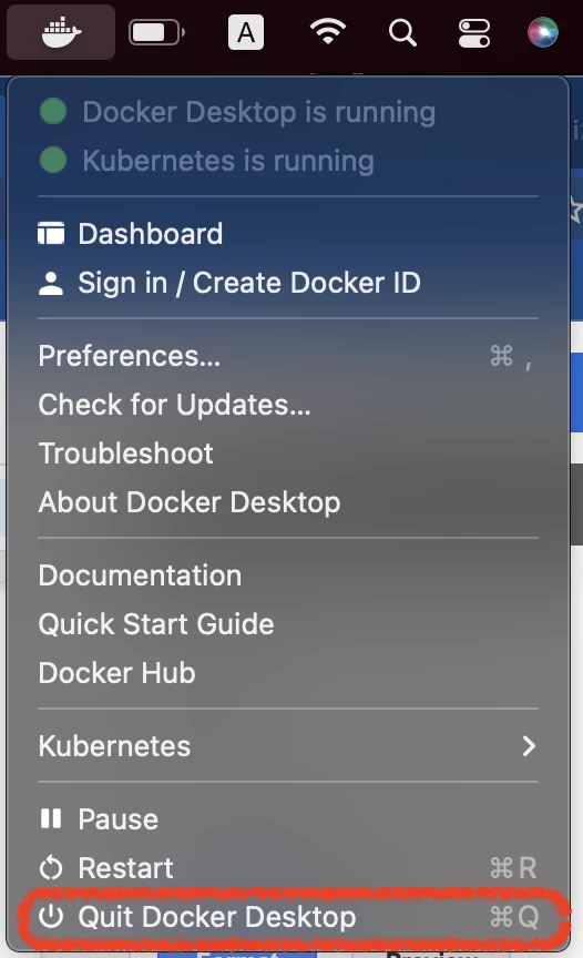 A Quite Docker Desktop button under the Docker icon menu in the top menu bar