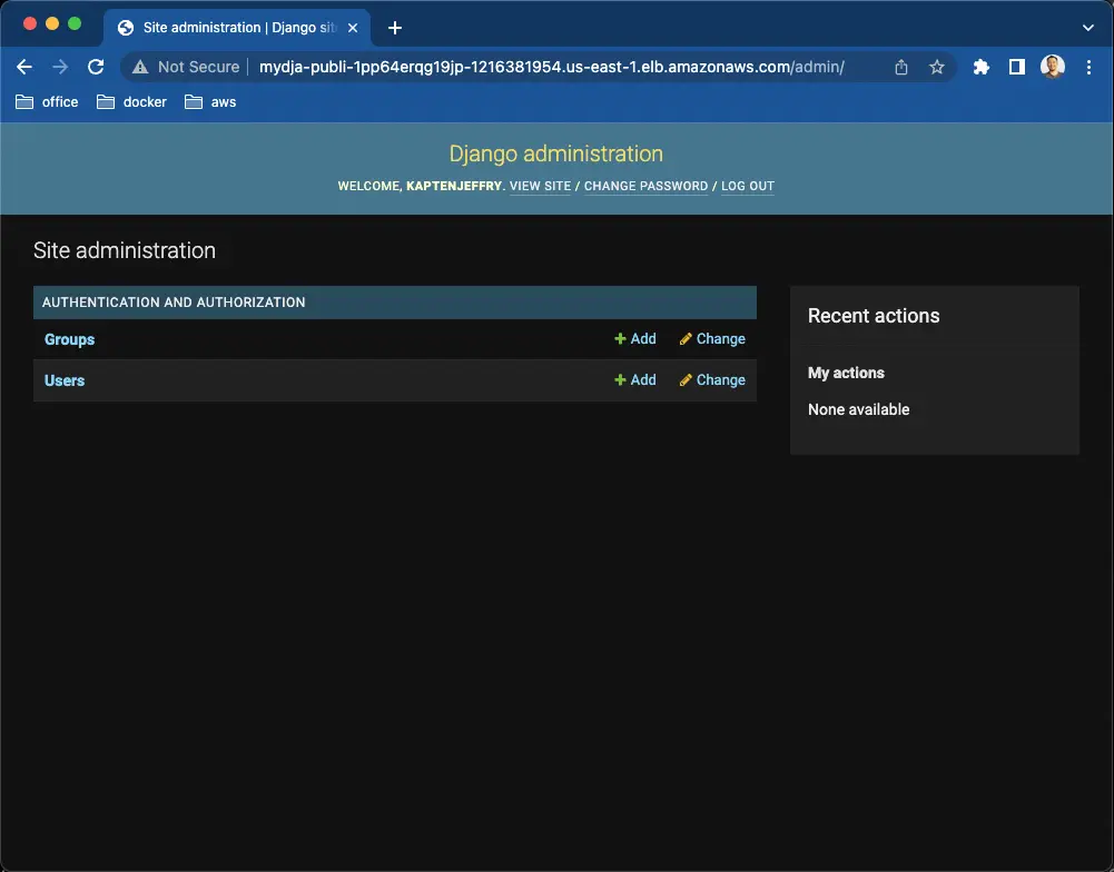 Django admin page screenshot after successful login