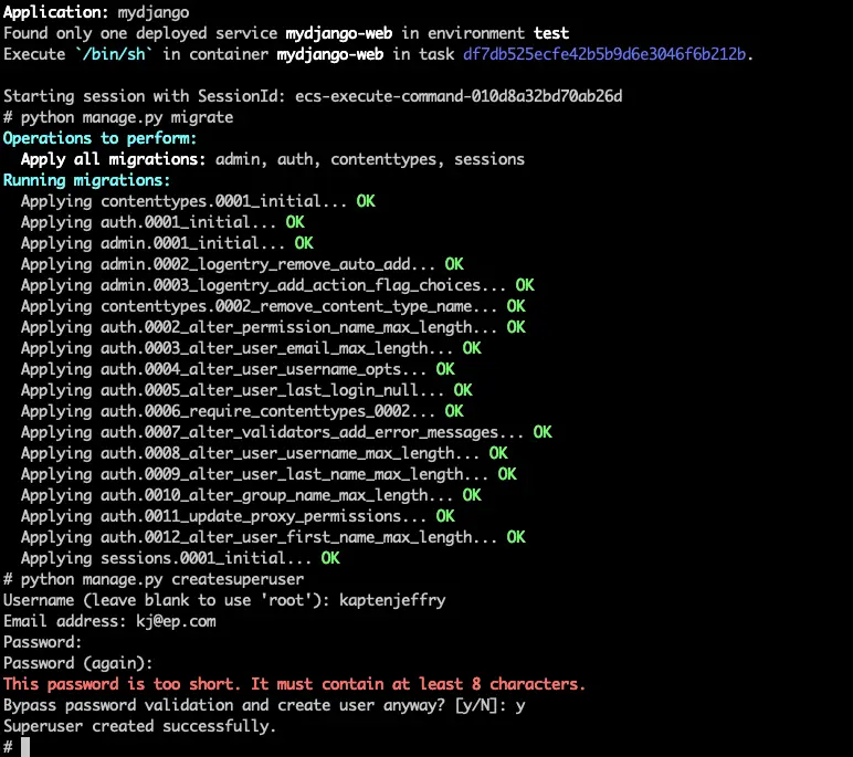 Output from Django database migration run