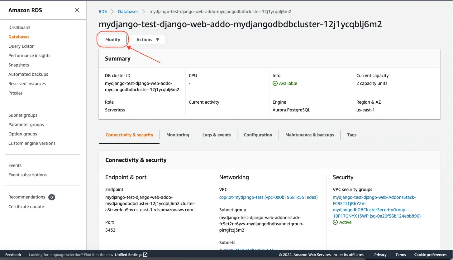 Screenshot of Amazon RDS main control panel