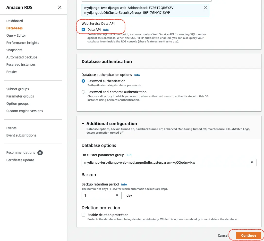 Screenshot of Amazon RDS Web Service Data API checkbox