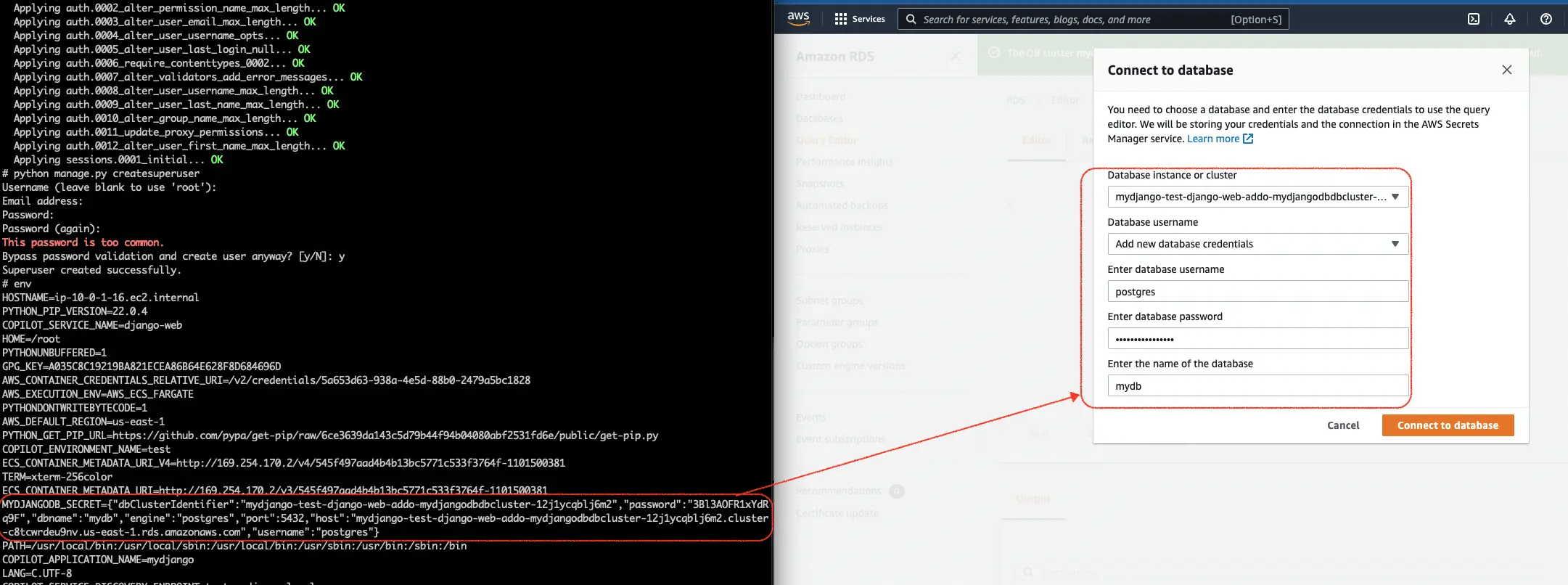 Screenshot showing environment variable data extracted into the AWS RDS connection setup panel