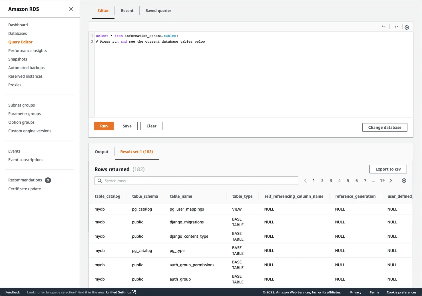 Screenshot of Amazon RDS Query Editor and results