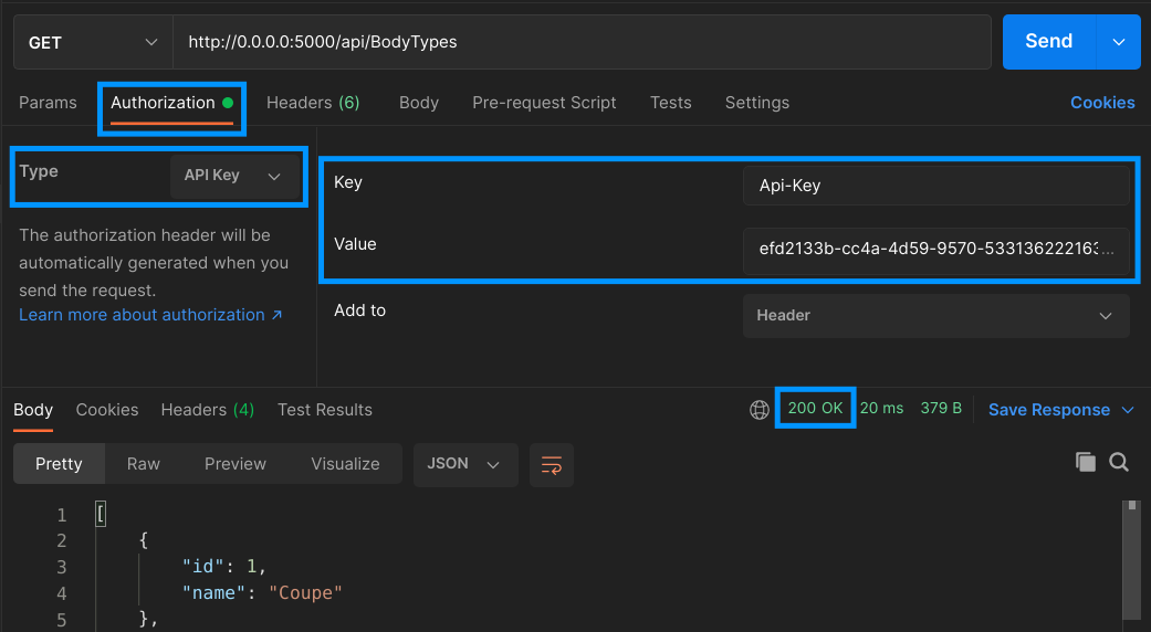 Successful response for request authenticated with API Key