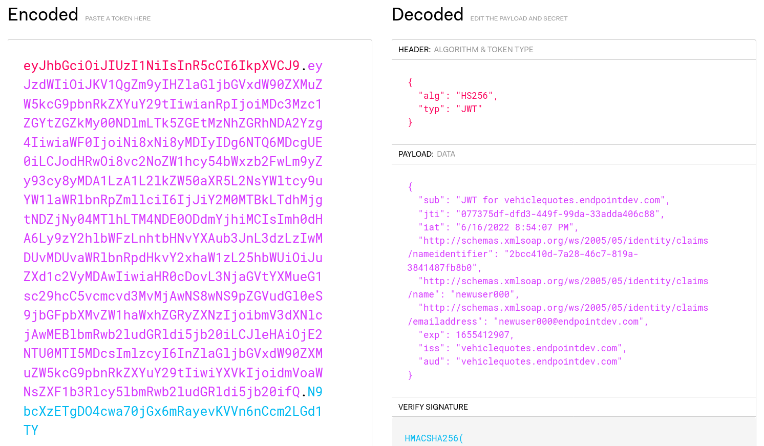 The JTW decoded showing all the claims