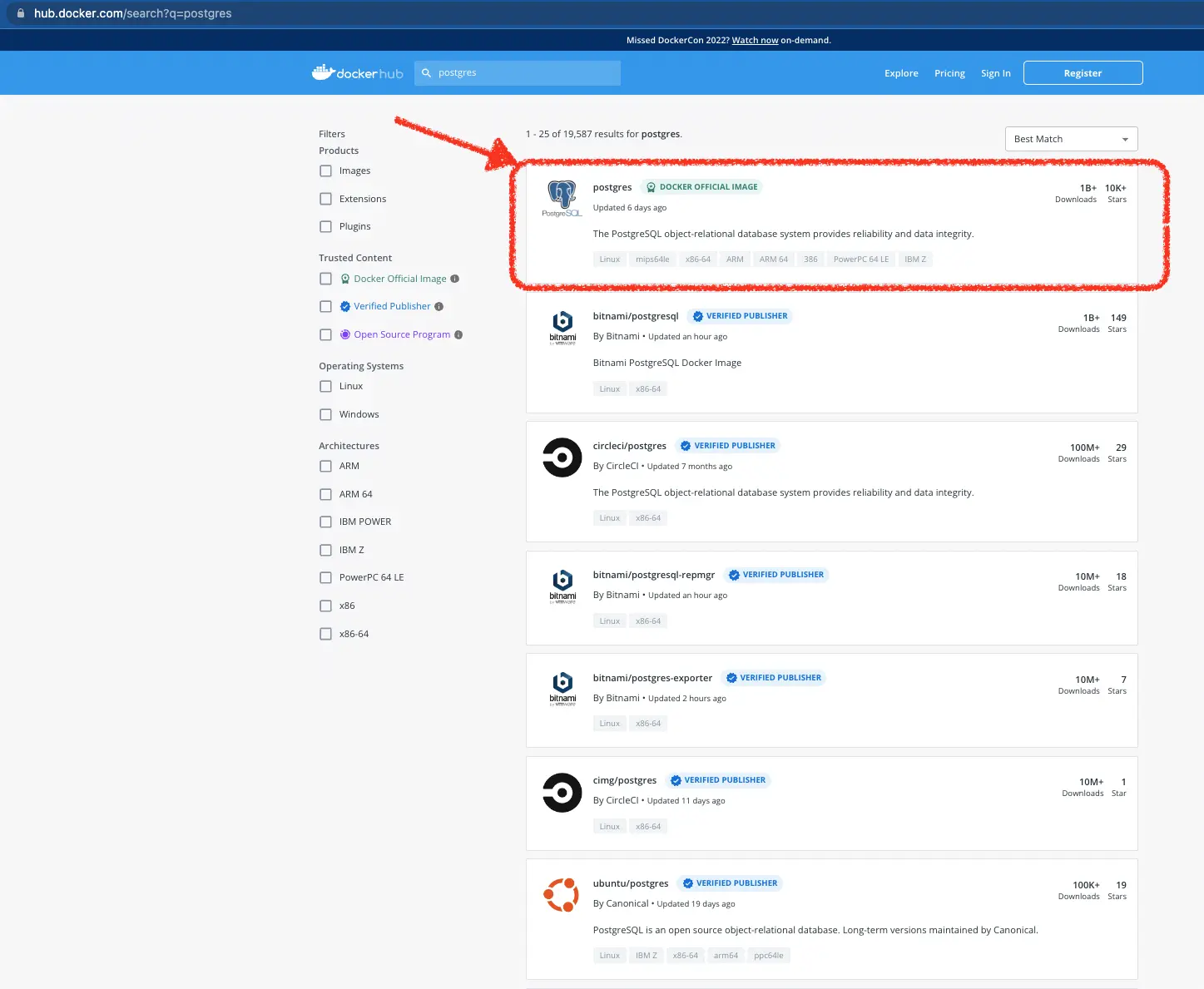 Docker Hub website search result for postgres