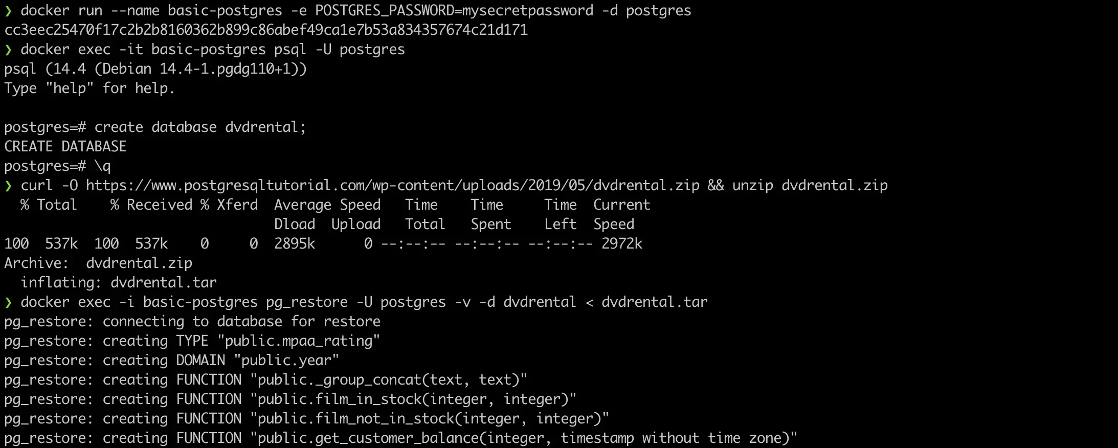 Screen shot of terminal showing import of dvdrental sample database into Postgres