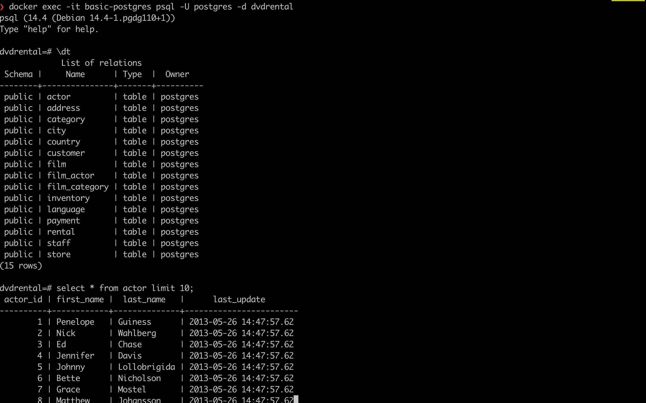 Screen shot of terminal showing psql investigation of dvdrental sample database