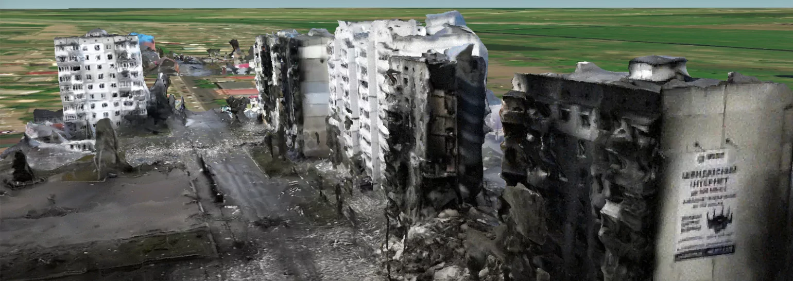 A 3D rendering of bombed buildings in Ukraine
