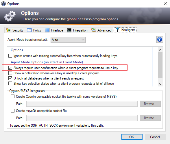 A checked box reading “Always require user confirmation when a client program requests to use a key”