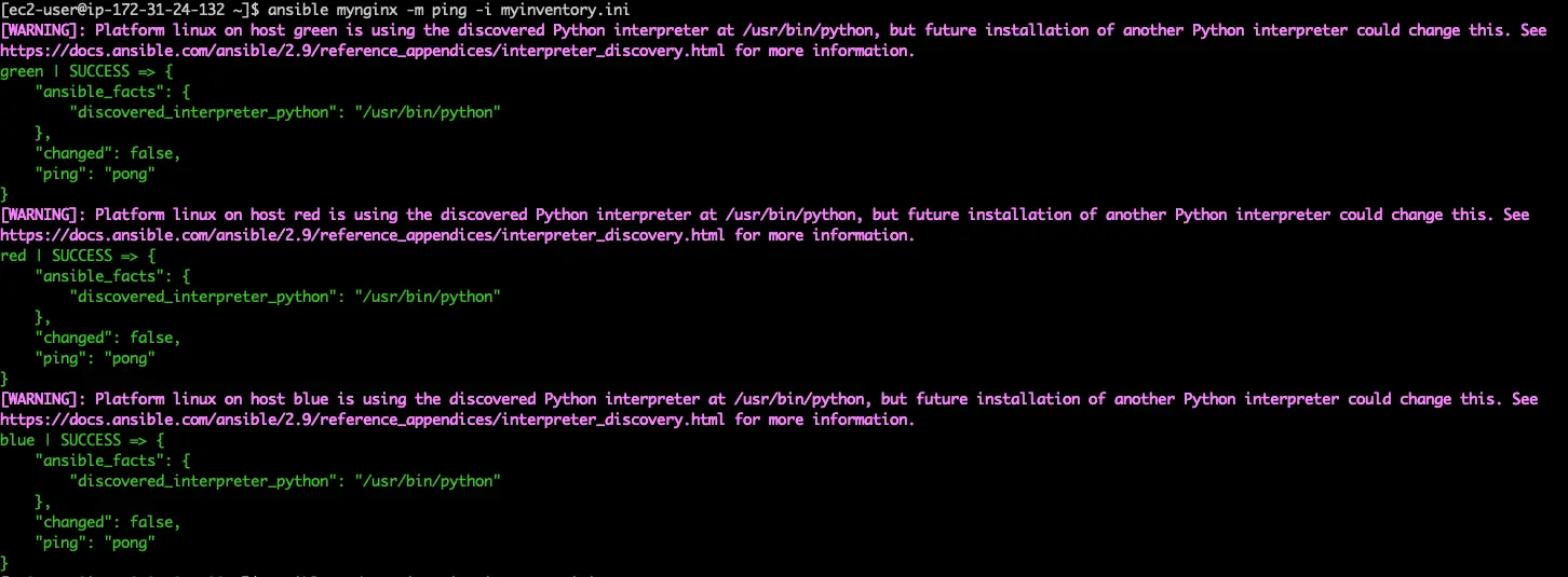 Sample output of ping. Several green blocks of JSON show successful ping responses