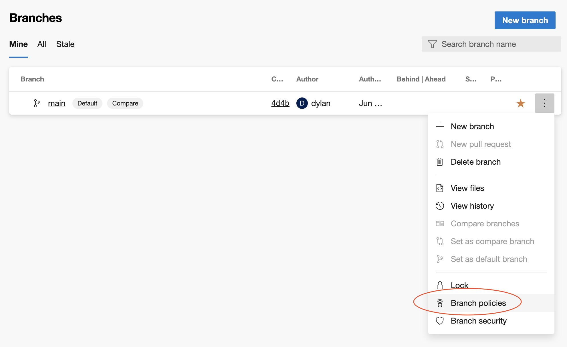 Under the Branches header, the “main” branch has a menu expanded on the far right of its row. Highlighted is “Branch policies.