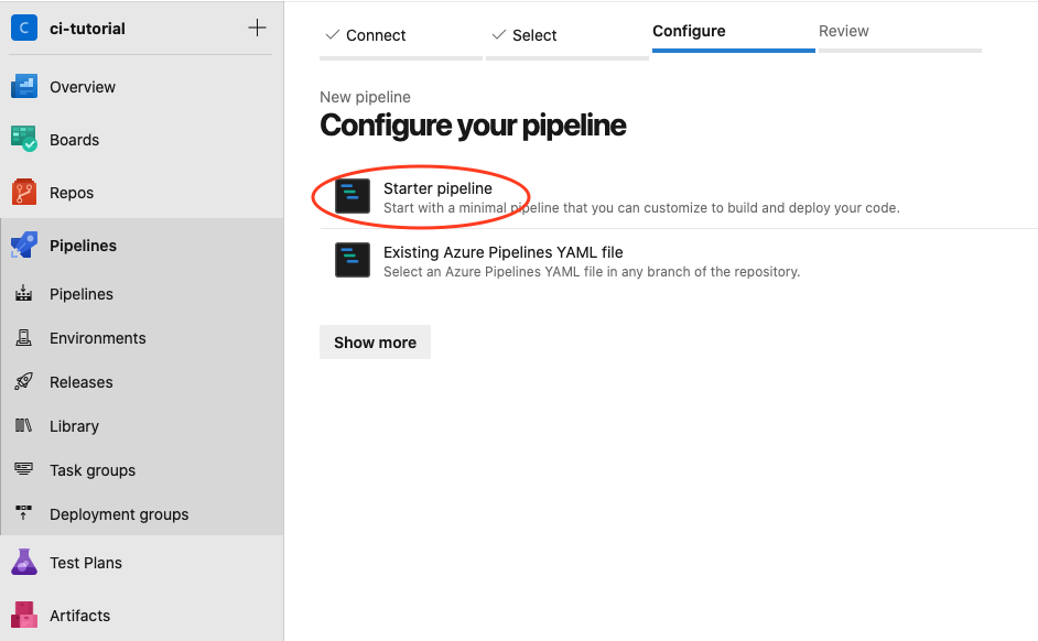 Azure DevOps. A menu in the drawer on the left has Pipelines expanded. On the right a configure tab is selcted. A heading reads “Configure your pipeline,” under which are a couple options. highlighted is “Starter pipeline.