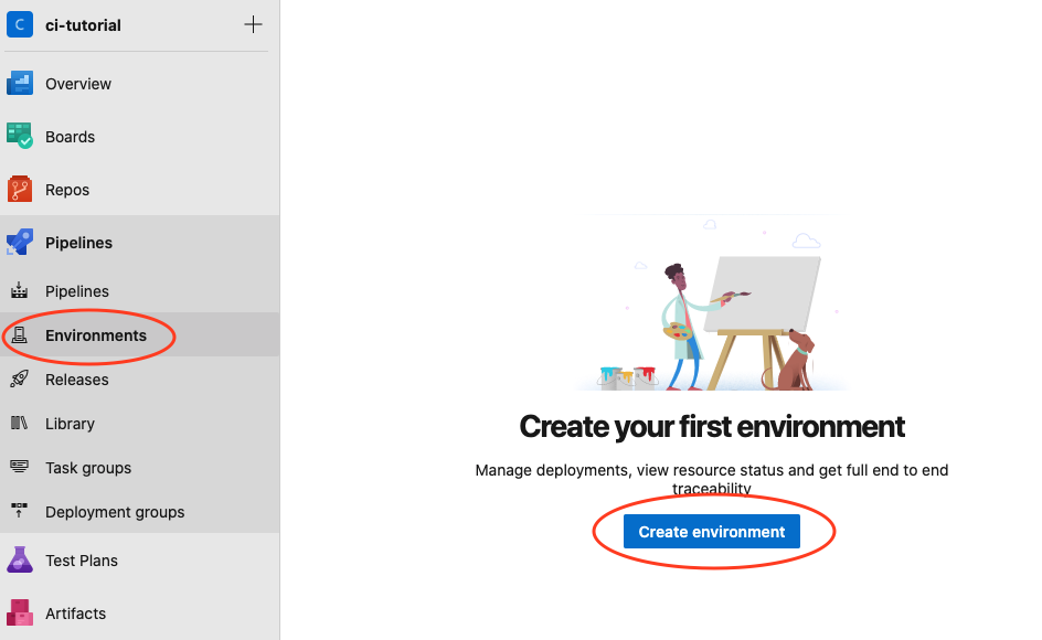 Azure DevOps. A menu in the drawer on the left has Pipelines expanded, with Environments selected in its sub-menu. On the right, outside the menu, is a button that reads Create environment.