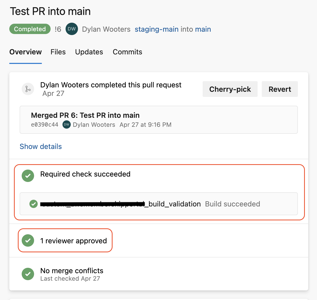Pull request view, “Overview” tab. Next to green check marks are messages saying “Required check succeeded” with the successful build validation under it, and “1 reviewer approved.