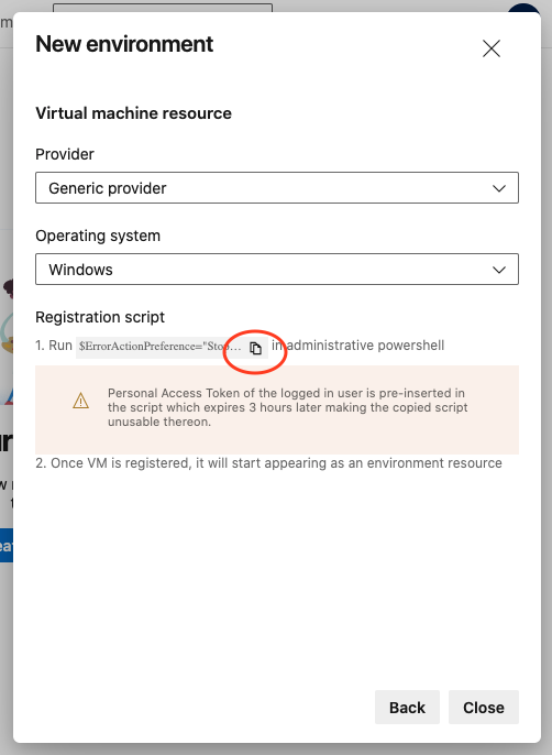 The same “New environment” dialog. Under the “Virtual machine resource” section, “Provider” has “Generic provider” selected, “Operating system” has “Windows” selected, and under “Registration script” is a copy icon with instructions to run it in PowerShell.