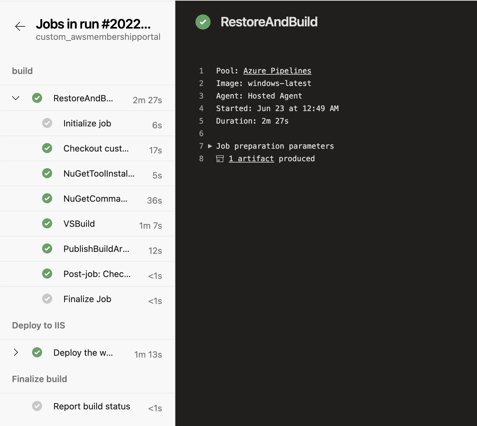 Stage details. On the left are the successful completed jobs from the “build” and “Deploy to IIS” sections. On the right is more verbose output for a selected job.